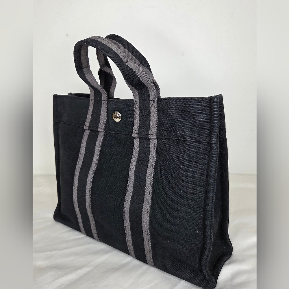 Hermes Small 12"x9" Canvas Tote Bag Stylish In Black and Gray - Picture 2 of 13